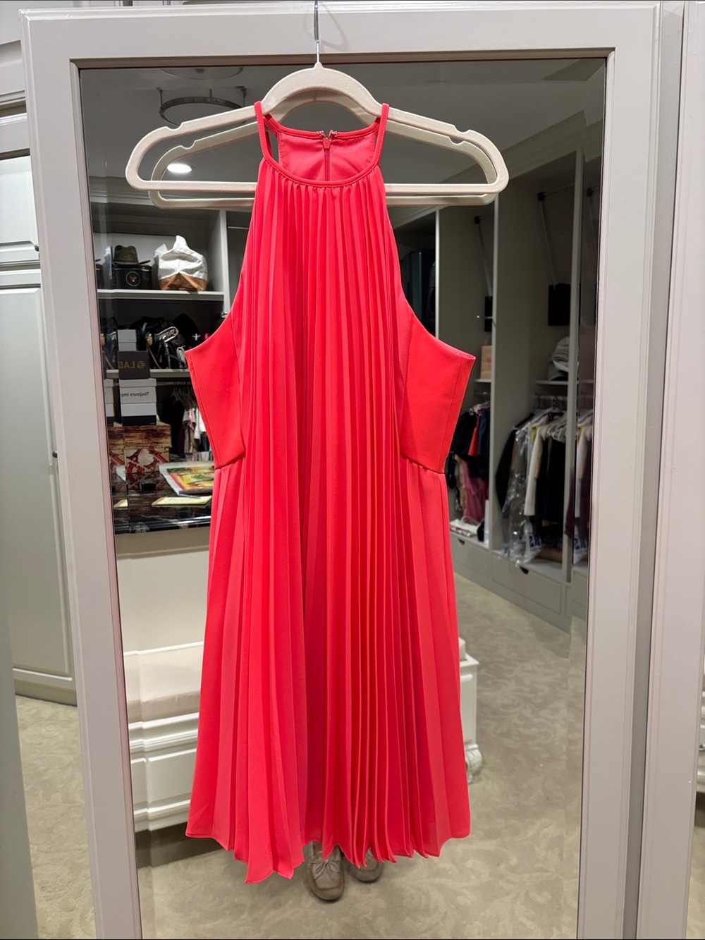Aidan Mattox Coral Halter Pleated Mini Dress with Cutouts